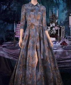 Janique - 71321 Cuffed Quarter Sleeve Button Down Jacquard Dress