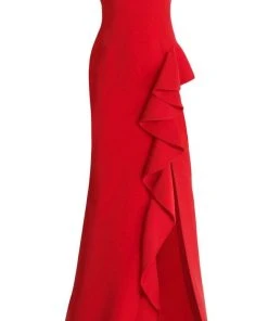 Janique - C1870 Ruffled Off-Shoulder Sheath Dress In Red