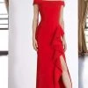 Janique - C1870 Ruffled Off-Shoulder Sheath Dress In Red