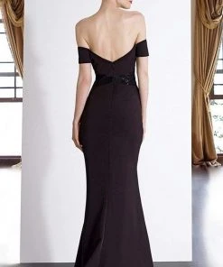 Janique - JA3026 Off-Shoulder Crepe Evening Dress In Black