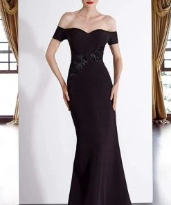 Janique - JA3026 Off-Shoulder Crepe Evening Dress In Navy