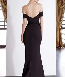 Janique - JA3026 Off-Shoulder Crepe Evening Dress In Navy
