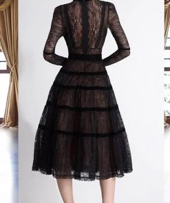 Janique - K6631 Lace Velvet High Neck Dress