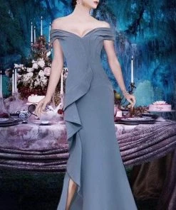 Janique - K6876 Off Shoulder Ruffle Slit Trumpet Gown