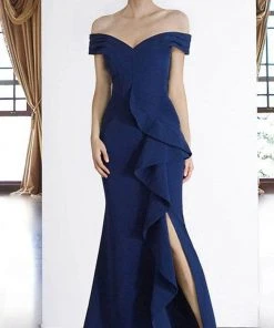 Janique - K6876 Off Shoulder Ruffle Slit Trumpet Gown
