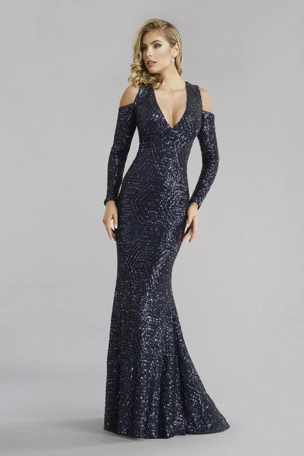 Janique - Sequined Long Sleeve V-neck Long Mermaid Gown K6576 5 Janique - Sequined Long Sleeve V-neck Long Mermaid Gown K6576