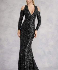 Janique - Sequined Long Sleeve V-neck Long Mermaid Gown K6576 10 Janique - Sequined Long Sleeve V-neck Long Mermaid Gown K6576