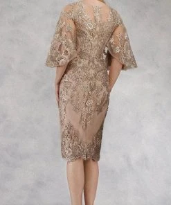 Janique - W2068 Quarter Tulip Sleeves Lace Appliqued Sheath Dress