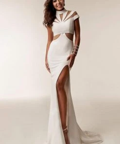 Jasz Couture - 6205 High Neck Sheath Dress With Slit