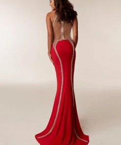 Jasz Couture - 6208 High Halter Contoured Jewel-Trimmed Panel Gown