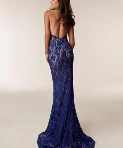Jasz Couture - 6211 Beaded Lace Halter Sheath Dress