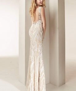 Jasz Couture - 6235 Illusion Bateau Intricate Sequined Sheath Gown