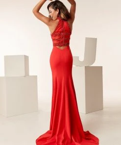Jasz Couture - 6267 Beaded High Halter Neck Sheath Gown