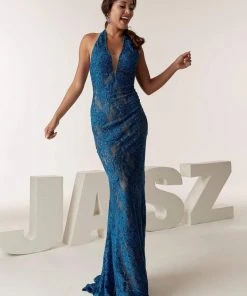 Jasz Couture - 6285 Beaded Halter V-neck Sheath Dress