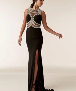 Jasz Couture - 6288 Jewel Neck Stone Embellished Gown With Slit