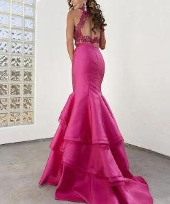 Jasz Couture - 6293 Two Piece Floral Ruffled Mermaid Gown