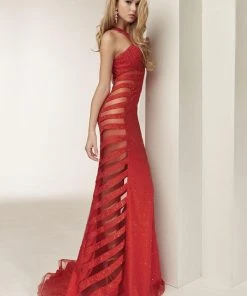 Jasz Couture - 6300 Sheer Side Paneled Fitted Evening Dress