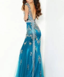 Jasz Couture - 6426 Plunging V-Neck Embellished Sheath Dress