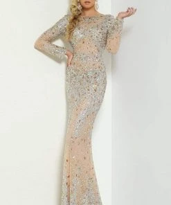 Jasz Couture - 6455 Bateau Long Sleeves Embellished Sheath Dress