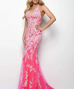Jasz Couture - 7022 Embroidered Deep Halter V-neck Trumpet Dress