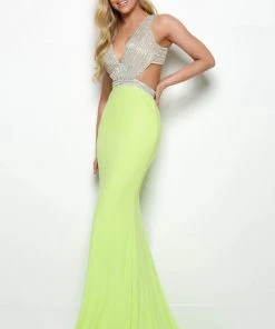 Jasz Couture - 7032 Embellished Deep V-neck Trumpet Dress