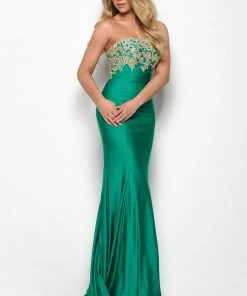 Jasz Couture - 7071 Lace Appliqued Strapless Sheath Dress