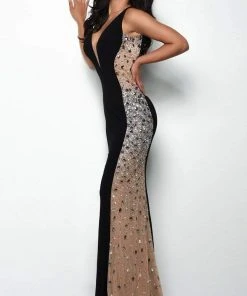 Jasz Couture - 7078 Plunging Beaded Jersey Sheath Gown