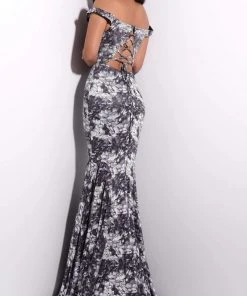 Jasz Couture - 7201 Floral Print Deep Off Shoulder Trumpet Dress
