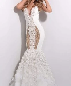 Jasz Couture - 7202 Plunging Neck Floral Applique Mermaid Gown