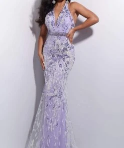 Jasz Couture - 7207 Applique Deep Halter V Neck Trumpet Dress