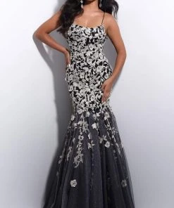 Jasz Couture - 7211 Spaghetti Strap Floral Applique Trumpet Dress