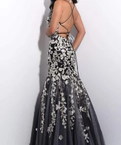 Jasz Couture - 7211 Spaghetti Strap Floral Applique Trumpet Dress