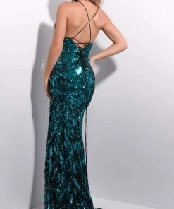 Jasz Couture - 7230 Crisscross Back High Slit Sequined Dress