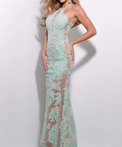 Jasz Couture - 7249 Lace Applique Halter Neck Sheath Dress