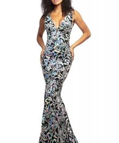 Johnathan Kayne - 2106 Sleeveless V Neck Sequin Velvet Mermaid Gown