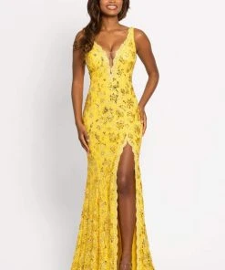 Johnathan Kayne - 2181 Lace Deep V-Neck Embellished High Slit Dress 10 Johnathan Kayne - 2181 Lace Deep V-Neck Embellished High Slit Dress