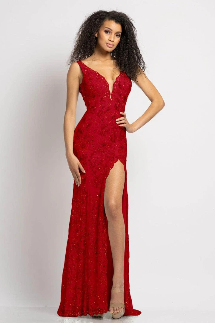 Johnathan Kayne - 2181 Lace Deep V-Neck Embellished High Slit Dress 8 Johnathan Kayne - 2181 Lace Deep V-Neck Embellished High Slit Dress