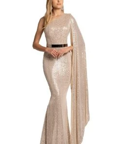 Johnathan Kayne - 2190 Cascading Sleeve Asymmetrical Sequin Gown