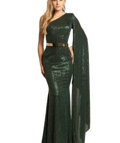 Johnathan Kayne - 2190 Cascading Sleeve Asymmetrical Sequin Gown
