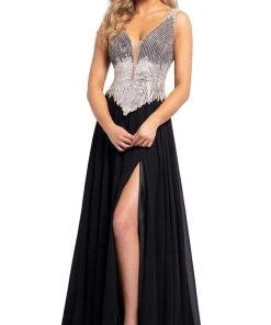 Johnathan Kayne - 2196 Embellished Deep V Neck A-line Gown With Slit