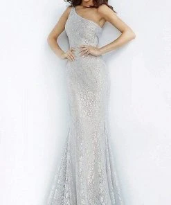 Jovani - 00353 One Shoulder Stretch Metallic Lace Trumpet Dress