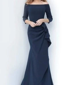 Jovani - 00446 Off Shoulder Drape Crepe Mermaid Dress