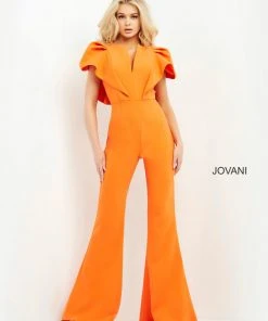 Jovani - 00762 Ruffle Angel Sleeved Split Neckline Jumpsuit