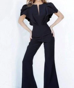 Jovani - 00762 Ruffle Angel Sleeved Split Neckline Jumpsuit