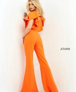 Jovani - 00762 Ruffle Angel Sleeved Split Neckline Jumpsuit
