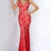 Jovani - 00782 Backless V Neck Allover Lace Fitted Long Dress
