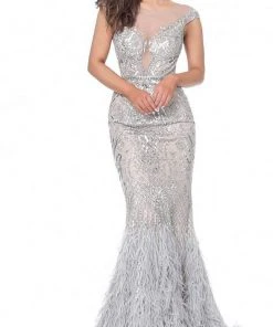 Jovani - 00880 Metallic Ornate Feather-Fringed Flare Gown
