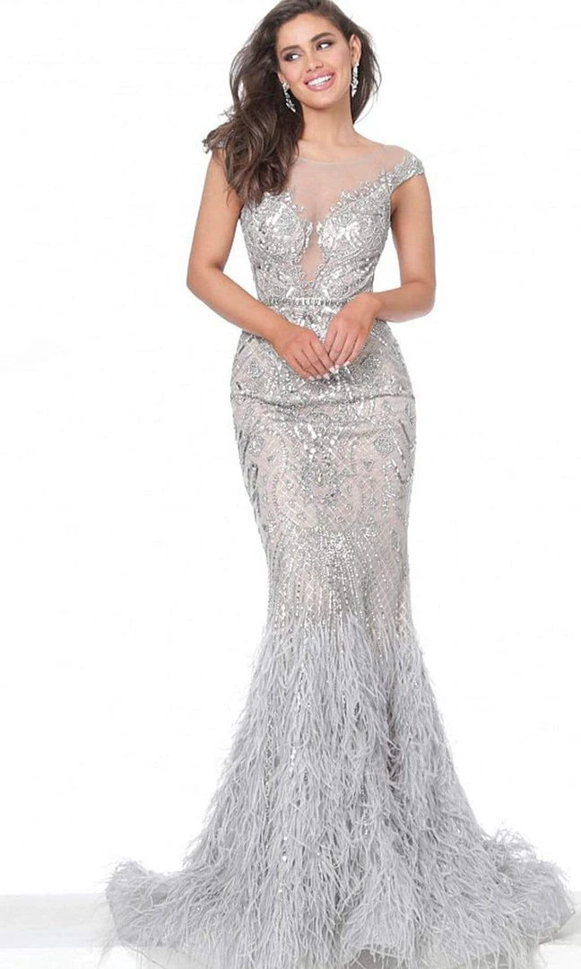 Jovani - 00880 Metallic Ornate Feather-Fringed Flare Gown 3 Jovani - 00880 Metallic Ornate Feather-Fringed Flare Gown