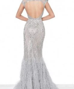 Jovani - 00880 Metallic Ornate Feather-Fringed Flare Gown 5 Jovani - 00880 Metallic Ornate Feather-Fringed Flare Gown