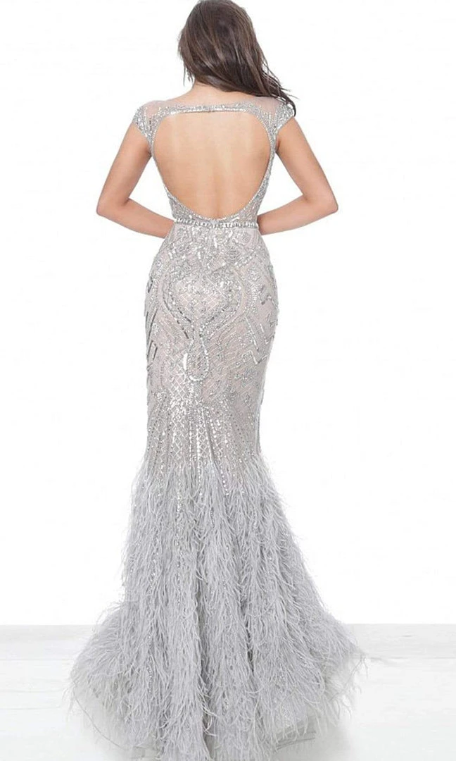 Jovani - 00880 Metallic Ornate Feather-Fringed Flare Gown 4 Jovani - 00880 Metallic Ornate Feather-Fringed Flare Gown